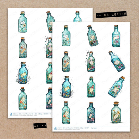 A4 and US Letter format comparison showing Folk Message Bottle fussy cut pages for print and cut crafting