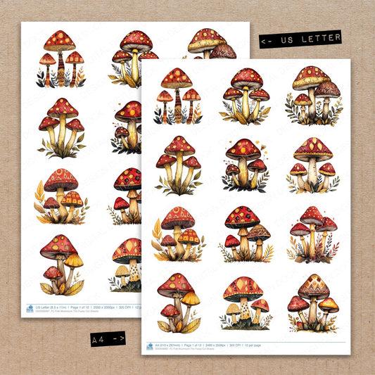 A4 and US Letter format comparison showing Folk Mushroom Trio fussy cut pages for print and cut crafting