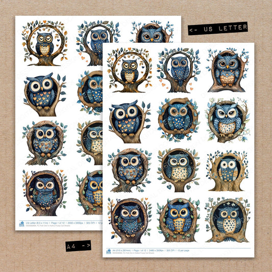 A4 and US Letter format comparison showing Folk Owl in Hollow fussy cut pages for print and cut crafting