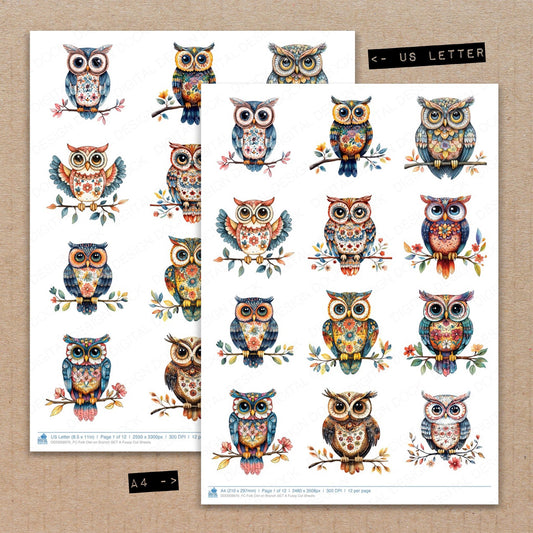 A4 and US Letter format comparison showing Folk Owl on Branch A fussy cut pages for print and cut crafting