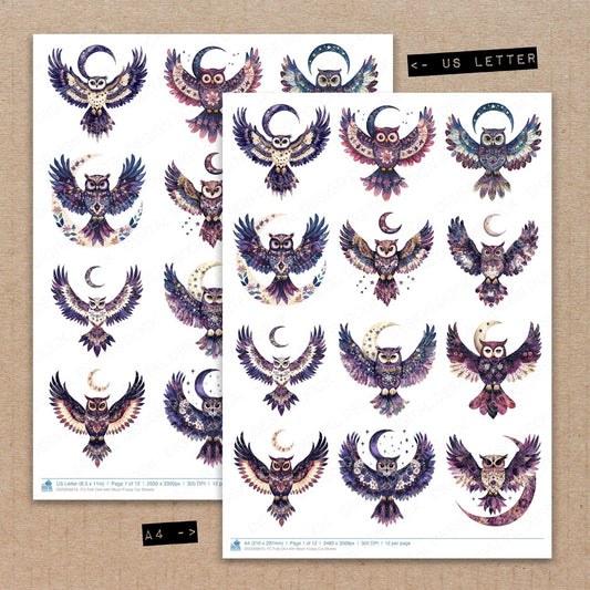 A4 and US Letter format comparison showing Folk Owl with Moon fussy cut pages for print and cut crafting