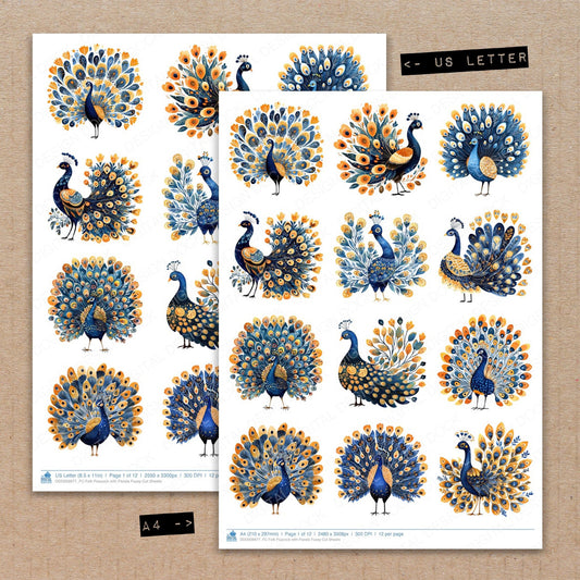 A4 and US Letter format comparison showing Folk Peacock with Florals fussy cut pages for print and cut crafting