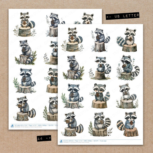 A4 and US Letter format comparison showing Folk Raccoon on Stump fussy cut pages for print and cut crafting