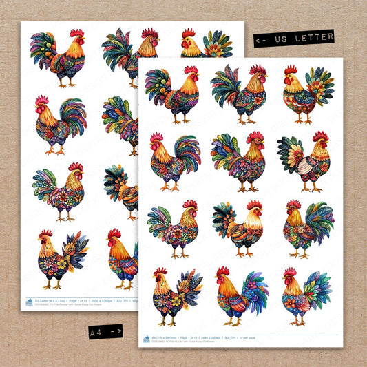 A4 and US Letter format comparison showing Folk Rooster with Florals fussy cut pages for print and cut crafting