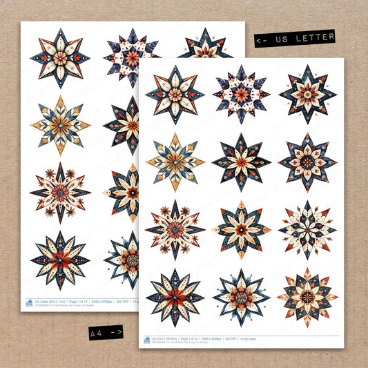 A4 and US Letter format comparison showing Folk Rosette Star fussy cut pages for print and cut crafting