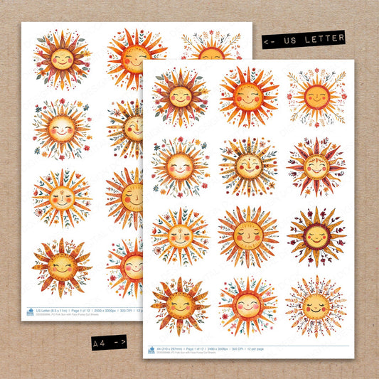 A4 and US Letter format comparison showing Folk Sun with Face fussy cut pages for print and cut crafting
