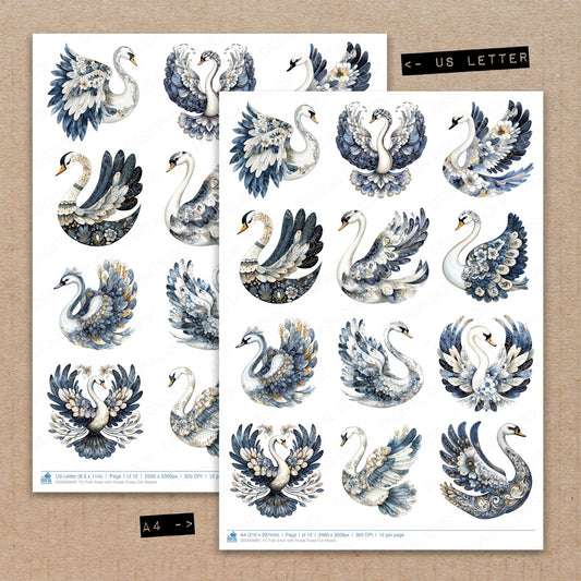 A4 and US Letter format comparison showing Folk Swan with Florals fussy cut pages for print and cut crafting