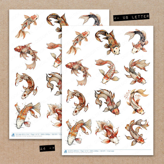 A4 and US Letter format comparison showing Folk Top View Koi fussy cut pages for print and cut crafting
