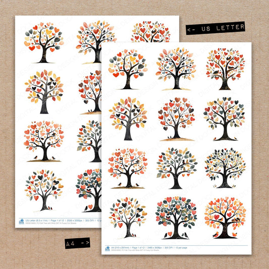 A4 and US Letter format comparison showing Folk Tree with Birds A fussy cut pages for print and cut crafting