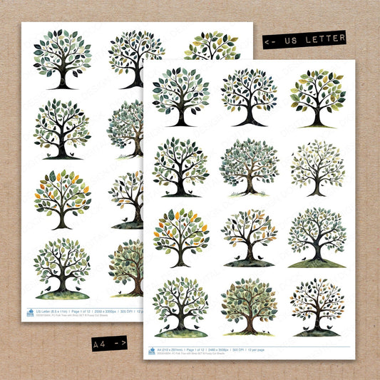 A4 and US Letter format comparison showing Folk Tree with Birds B fussy cut pages for print and cut crafting