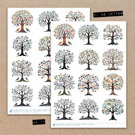 A4 and US Letter format comparison showing Folk Tree with Birds A fussy cut pages for print and cut crafting