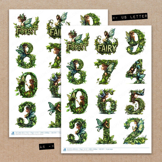 A4 and US Letter format comparison showing Forest Fairy Numbers fussy cut pages for print and cut crafting