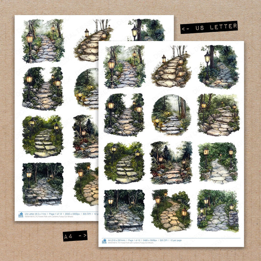 A4 and US Letter format comparison showing Forest Path with Lanterns fussy cut pages for print and cut crafting