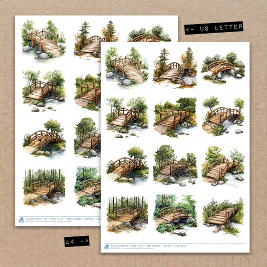 A4 and US Letter format comparison showing Forest Stream Bridge fussy cut pages for print and cut crafting