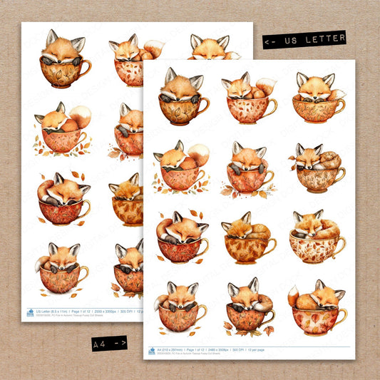 A4 and US Letter format comparison showing Fox in Autumn Teacup fussy cut pages for print and cut crafting