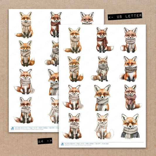 A4 and US Letter format comparison showing Fox in Scarf and Glasses fussy cut pages for print and cut crafting
