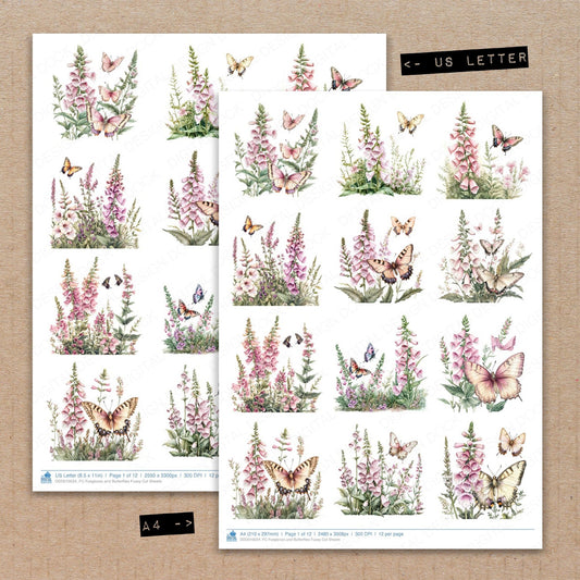 A4 and US Letter format comparison showing Foxgloves and Butterflies fussy cut pages for print and cut crafting