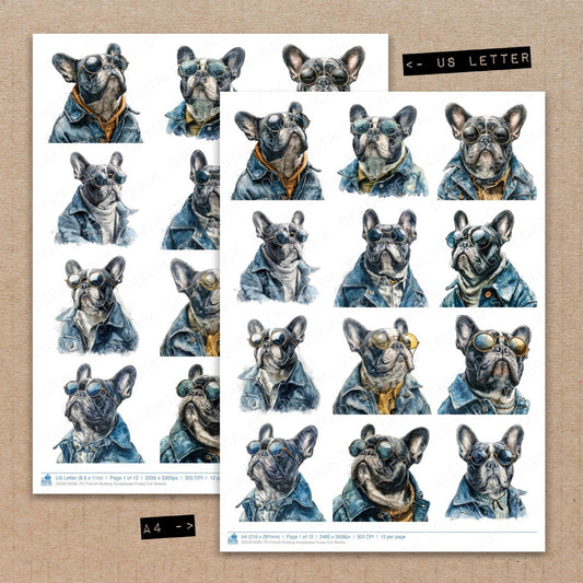A4 and US Letter format comparison showing French Bulldog Sunglasses fussy cut pages for print and cut crafting