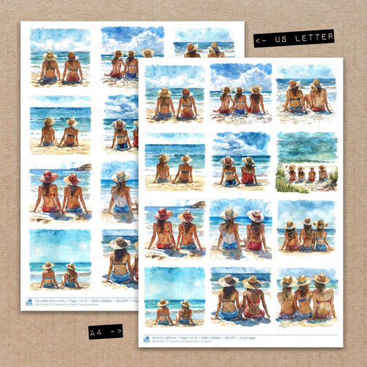 A4 and US Letter format comparison showing Friends on the Beach fussy cut pages for print and cut crafting