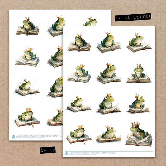 A4 and US Letter format comparison showing Frog Prince Storybook fussy cut pages for print and cut crafting