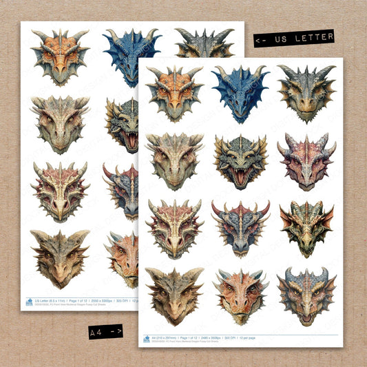 A4 and US Letter format comparison showing Front View Medieval Dragon fussy cut pages for print and cut crafting