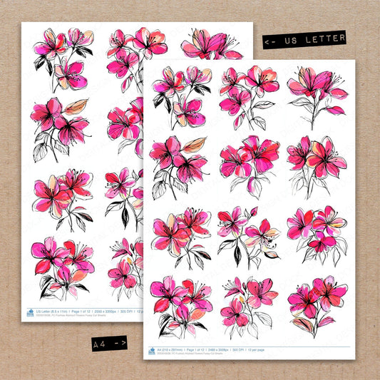 A4 and US Letter format comparison showing Fuchsia Abstract Flowers fussy cut pages for print and cut crafting