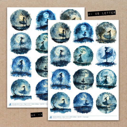 A4 and US Letter format comparison showing Full Moon Fairy fussy cut pages for print and cut crafting