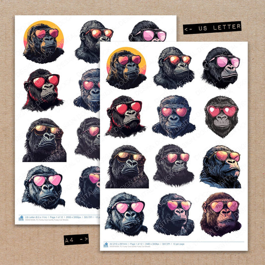 A4 and US Letter format comparison showing Funky Cool Gorilla fussy cut pages for print and cut crafting