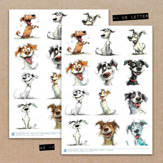A4 and US Letter format comparison showing Funny Dog Illustration fussy cut pages for print and cut crafting