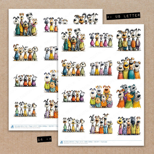 A4 and US Letter format comparison showing Funny Dog Line Up fussy cut pages for print and cut crafting