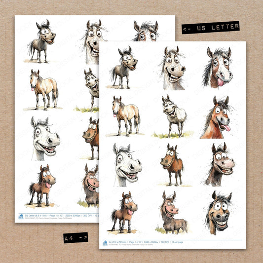 A4 and US Letter format comparison showing Funny Horse Character fussy cut pages for print and cut crafting