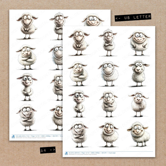 A4 and US Letter format comparison showing Funny Sheep Character fussy cut pages for print and cut crafting