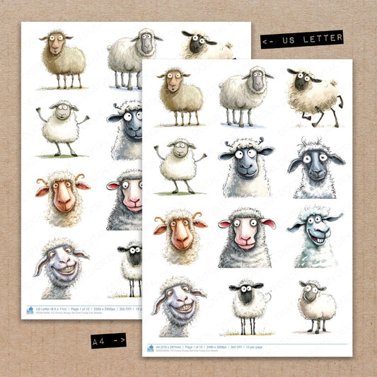A4 and US Letter format comparison showing Funny Sheep One fussy cut pages for print and cut crafting