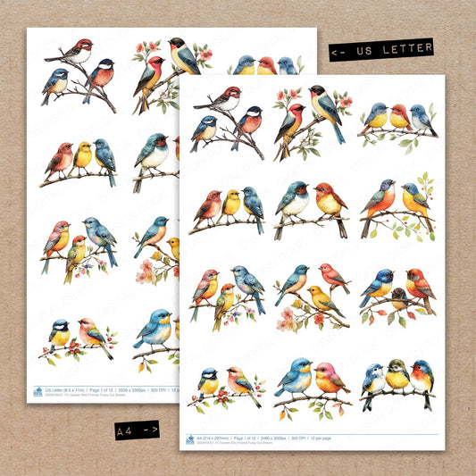 A4 and US Letter format comparison showing Garden Bird Friends fussy cut pages for print and cut crafting