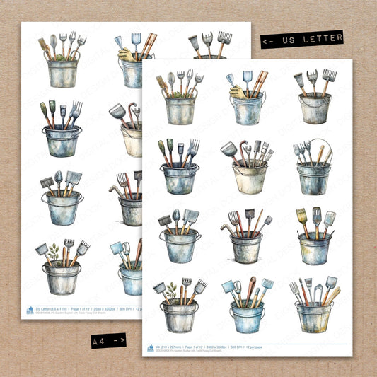 A4 and US Letter format comparison showing Garden Bucket with Tools fussy cut pages for print and cut crafting