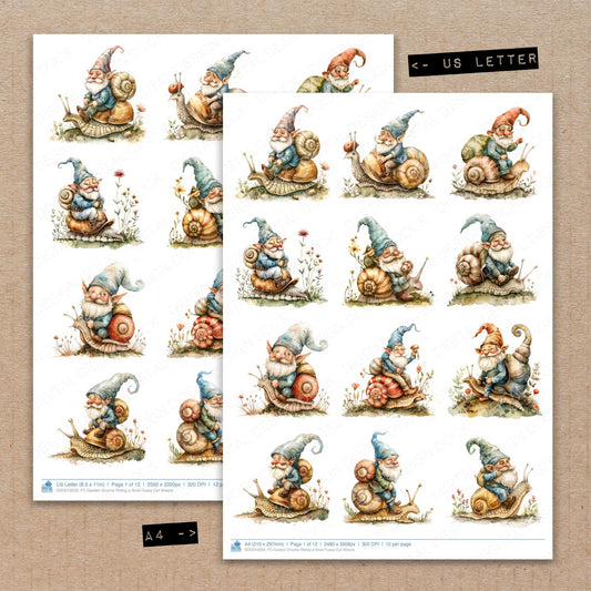 A4 and US Letter format comparison showing Garden Gnome Riding a Snail fussy cut pages for print and cut crafting