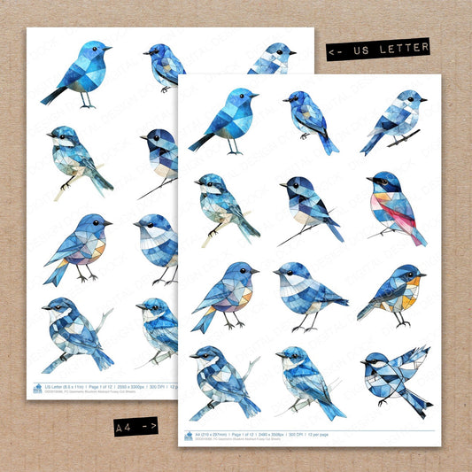 A4 and US Letter format comparison showing Geometric Bluebird Abstract fussy cut pages for print and cut crafting