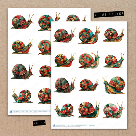 A4 and US Letter format comparison showing Geometric Colourful Snail fussy cut pages for print and cut crafting