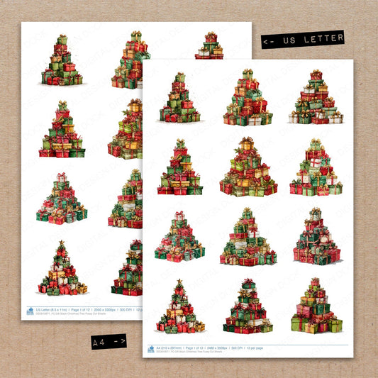 A4 and US Letter format comparison showing Gift Stack Christmas Tree fussy cut pages for print and cut crafting
