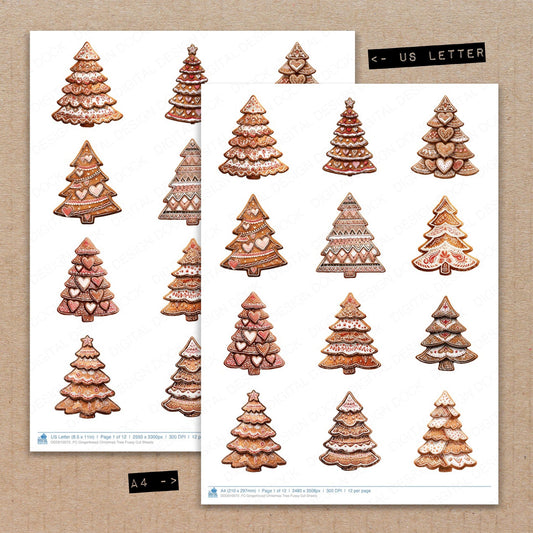 A4 and US Letter format comparison showing Gingerbread Christmas Tree fussy cut pages for print and cut crafting