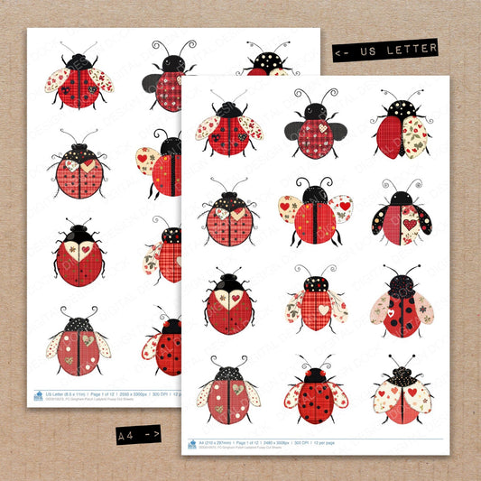 A4 and US Letter format comparison showing Gingham Patch Ladybird fussy cut pages for print and cut crafting