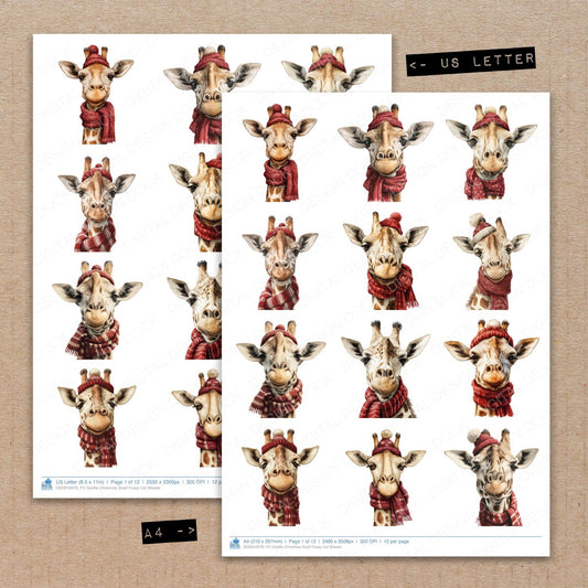 A4 and US Letter format comparison showing Giraffe Christmas Scarf fussy cut pages for print and cut crafting