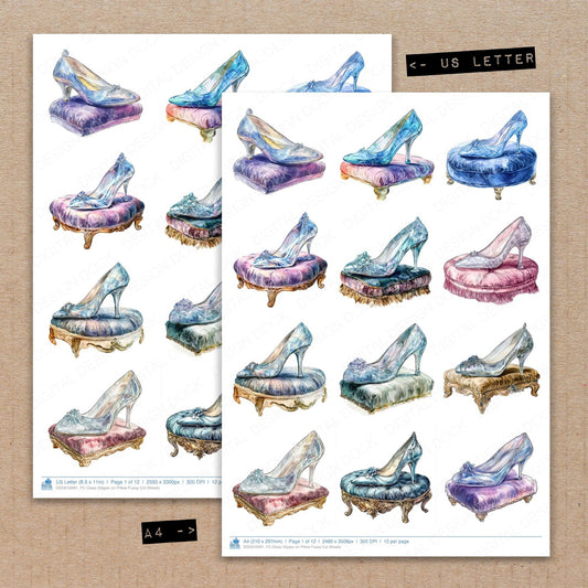 A4 and US Letter format comparison showing Glass Slipper on Pillow fussy cut pages for print and cut crafting