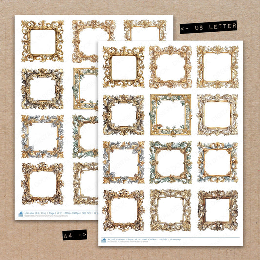 A4 and US Letter format comparison showing Gold Ornate Frame fussy cut pages for print and cut crafting