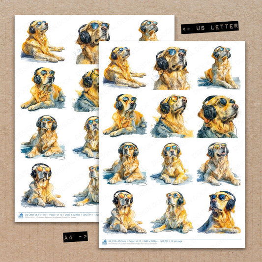 A4 and US Letter format comparison showing Golden Retriever Sunglasses fussy cut pages for print and cut crafting