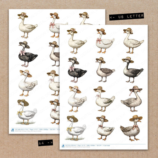 A4 and US Letter format comparison showing Goose in Straw Hat fussy cut pages for print and cut crafting