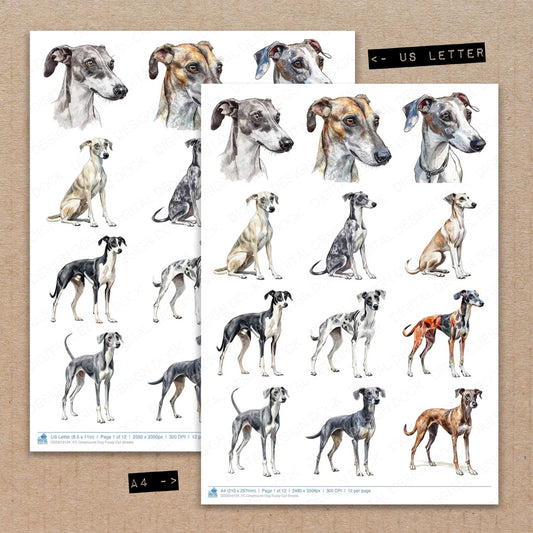 A4 and US Letter format comparison showing Greyhound Dog fussy cut pages for print and cut crafting
