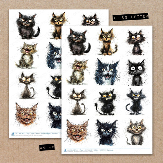 A4 and US Letter format comparison showing Grinning Crazy Cat fussy cut pages for print and cut crafting