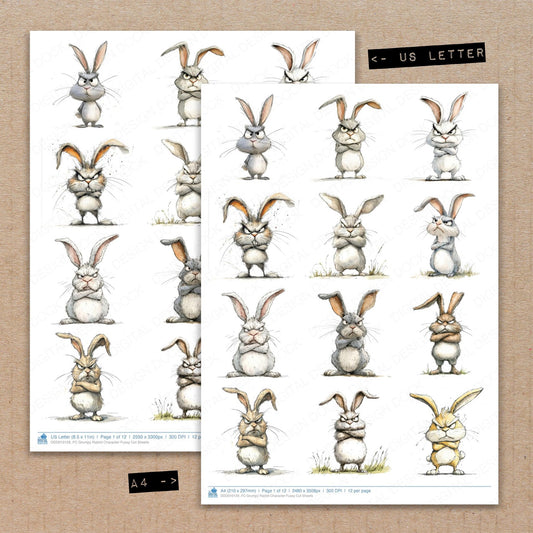 A4 and US Letter format comparison showing Grumpy Rabbit Character fussy cut pages for print and cut crafting