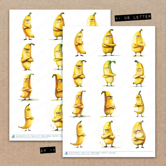A4 and US Letter format comparison showing Grumpy Watercolour Banana fussy cut pages for print and cut crafting